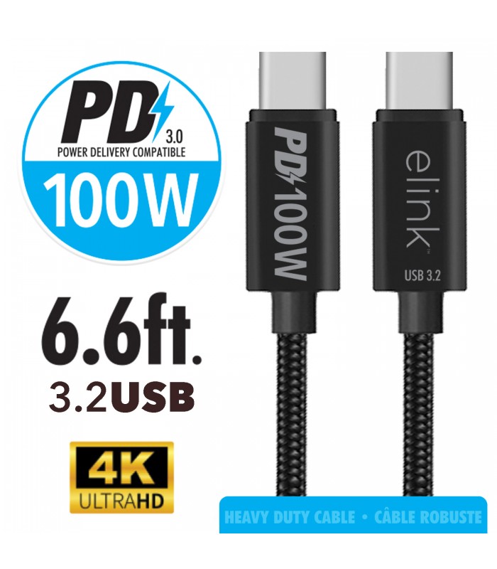 eLink 6.6ft USB 3.0 Type-C to Type-C 100W Power Delivery Fast Charging Cable
