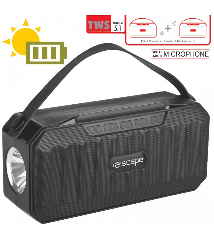 Escape 8W Solar Powered Rechargeable WirelessTWS Speaker with FM Radio, two LED lights and microphone