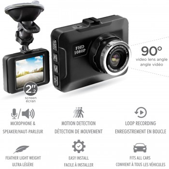 Escape Caméra de tableau de bord avec écran 2,2 po., enregistrement en boucle, détection de mouvement, haut-parleur et microphone intégrés