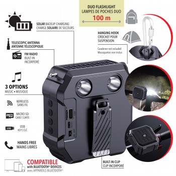 Escape Vélo d'extérieur sans fil à énergie solaire, haut-parleur TWS 5W avec radio FM, lampe de poche et mains libres, IPX4