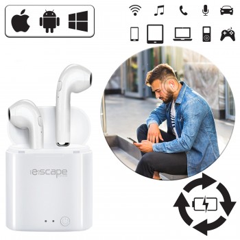 Escape Platinum TWS 5.0 Wireless earphones with microphone and charging case. Use one or both. Color - white.