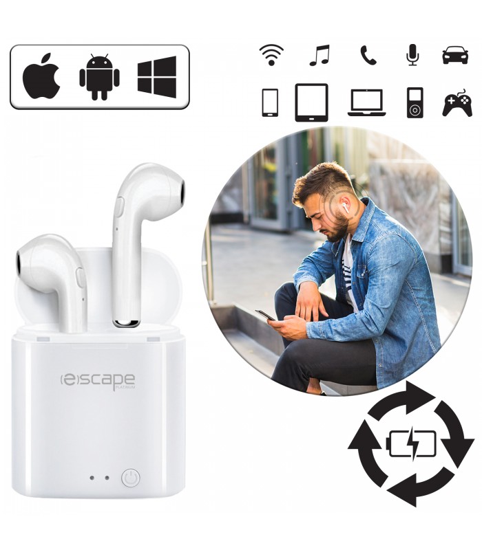 Escape Platinum TWS 5.0 Écouteurs sans fil avec microphone et étui de chargement. Utilisez un ou les deux. Couleur - blanc.