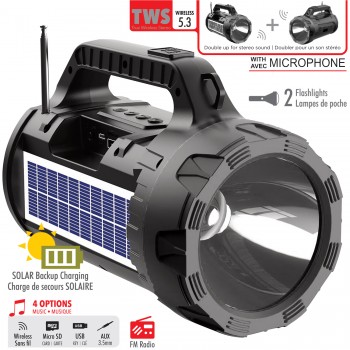 Escape Haut-parleur solaire sans fil TWS avec deux torches, radio FM et microphone, étanche IP33