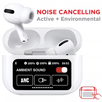 Escape wireless ANC and ENC TWS earphones with touchscreen charging case, White