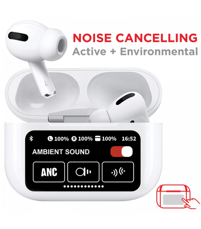 Escape wireless ANC and ENC TWS earphones with touchscreen charging case, White