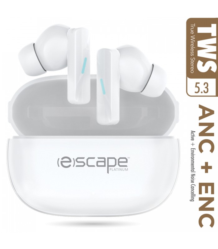 Escape Écouteurs TWS à réduction de bruit active ANC+ENC sans fil avec station de charge et microphone - Blanc