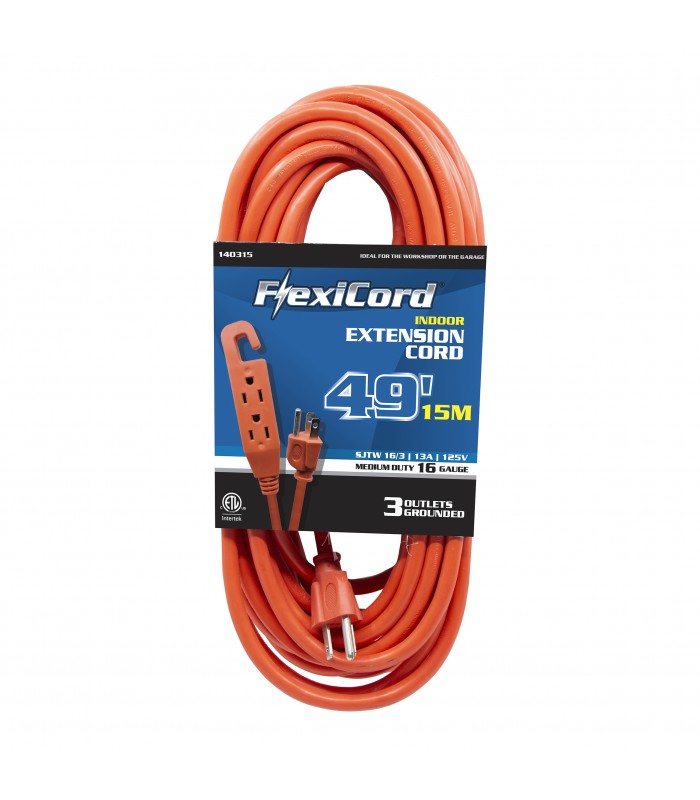 FlexiCord Extension Cord Indoor SJTW 16/3 3-Tap 50ft Orange