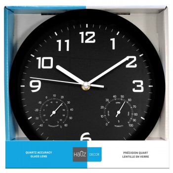 Hauz Round 10 in. wall clock with black background, borders and white clock pointers