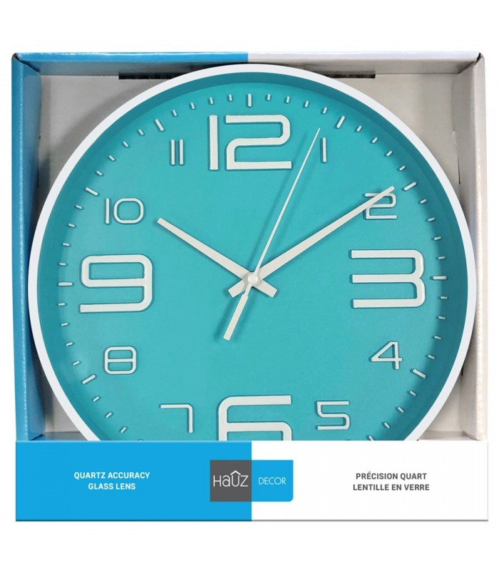 Hauz Horloge murale ronde de 25 cm avec fond bleu et bordure blanc