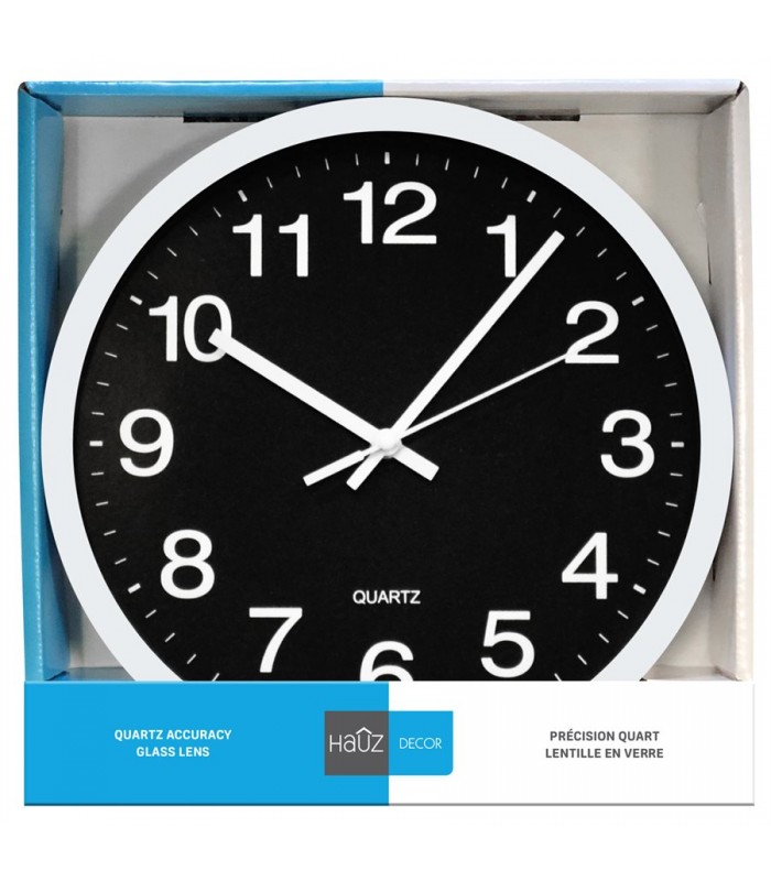 Hauz Horloge murale ronde 30,5 cm noire avec pointeurs et chiffres blancs