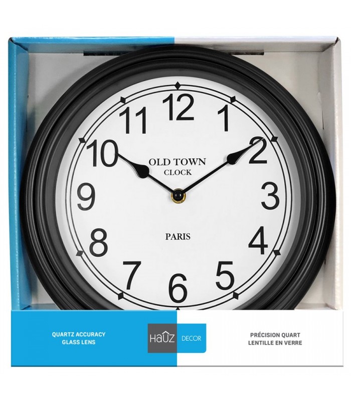 Hauz Horloge ronde de 30 cm avec larges bordures noires et fond blanc