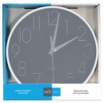 Hauz Round 9 in. wall clock with light grey background and white details