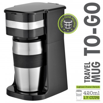 Hauz Cafetière à portion individuelle avec tasse de voyage thermique en acier inoxydable de 420 ml