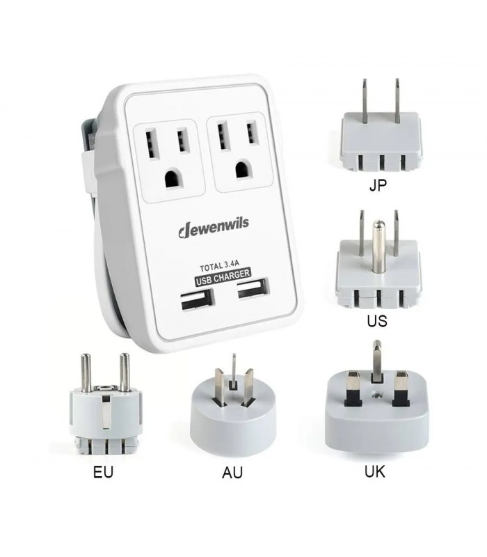 International Travel Adapter with 2 Outlet and 2 USB Ports and Micro USB Cable