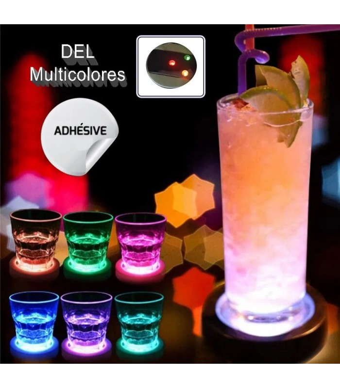 Autocollant illuminé DEL pour dessous de verre et bouteille - 4.5 cm X 4.5 cm - Multicolore