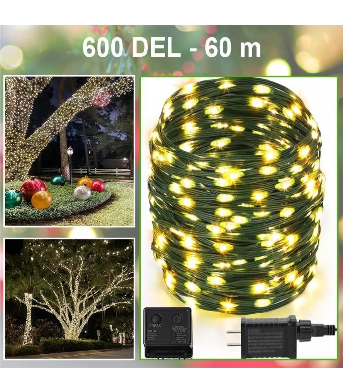 LED Light String with 8 Lightning Modes - Indoor/Outdoor - 600 LED - Warm White - 60 m