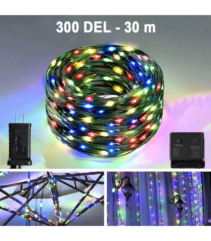 Guirlande lumineuse DEL à 8 modes d'éclairage - Intérieur/Extérieur - 300 DEL - RVB - 30 m