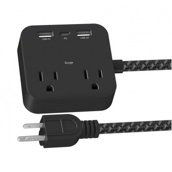 PureVolt 1.4m 2-Outlet Surge Bar with 2 USB and 1 USB-C - 490J - Black