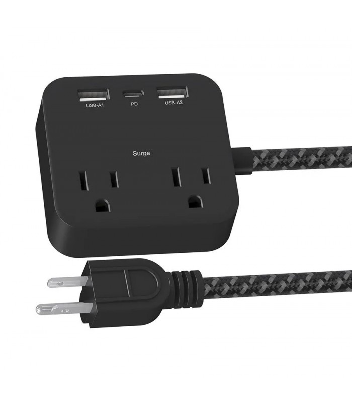 PureVolt 1.4m 2-Outlet Surge Bar with 2 USB and 1 USB-C - 490J - Black