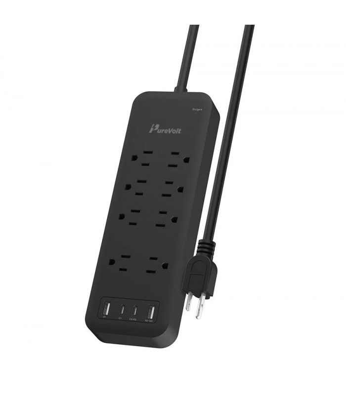 PureVolt Barre de surtension de 1.8m à 8 prises, 2 USB et 2 USB-C - 2450J - Noir