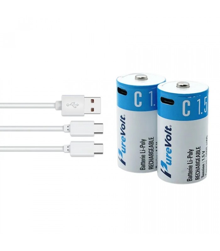 PureVolt Pile rechargeable C Li-Poly avec câble 2 x USB-C - 1.5V - Paquet de 2