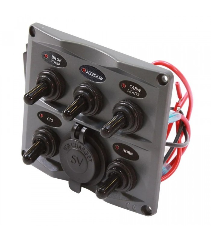 PureVolt Panneau de commande avec 2 USB 2.4 A- IP66 - 5 interrupteurs à levier