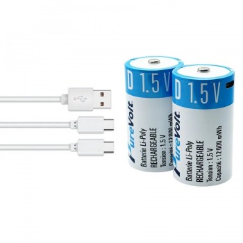 PureVolt Pile rechargeable D Li-Poly avec câble 2 x USB-C - 1.5V - Paquet de 2