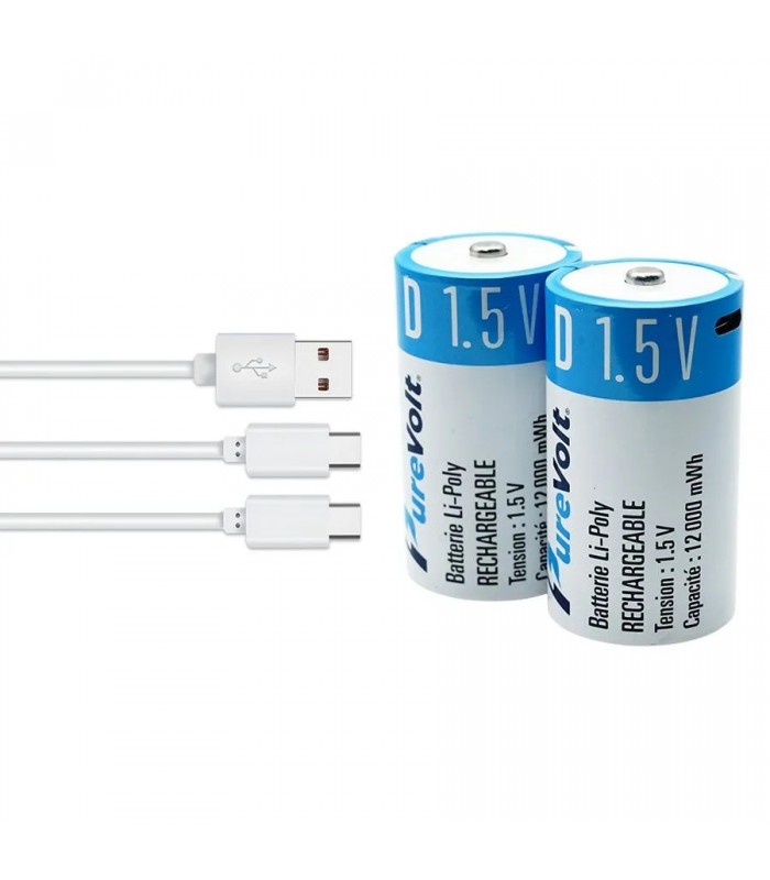 PureVolt Pile rechargeable D Li-Poly avec câble 2 x USB-C - 1.5V - Paquet de 2