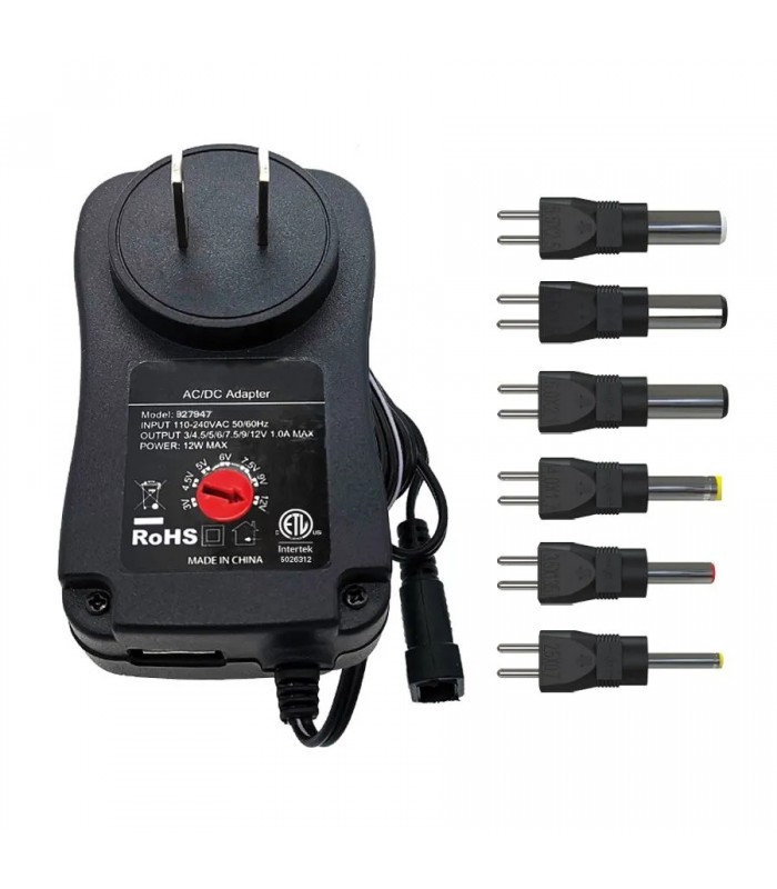 PureVolt Chargeur universel avec 6 adaptateurs à polarité réversible - 3-12V CC - 1A - 12W