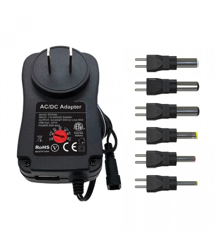 PureVolt Chargeur universel avec 6 adaptateurs à polarité réversible - 3-12V CC - 2,5A - 30W PureVolt Chargeur universel avec 6 adaptateurs à polarité réversible - 3-12V CC - 2,5A - 30W