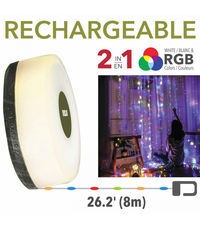 RCA 2 in 1 Rechargeable 26.2ft (8M) Retractable W+RGB LED String light