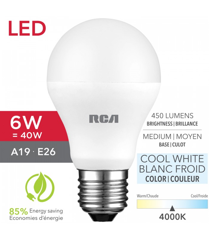 RCA Ampoule DEL A19 6W(=40W) Blanc froid 4000K, 450LM