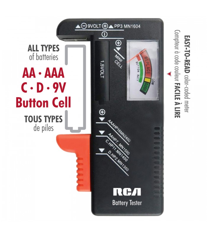 RCA Universal Battery Tester for AA AAA C D 9V 1.5V Button Cell Batteries