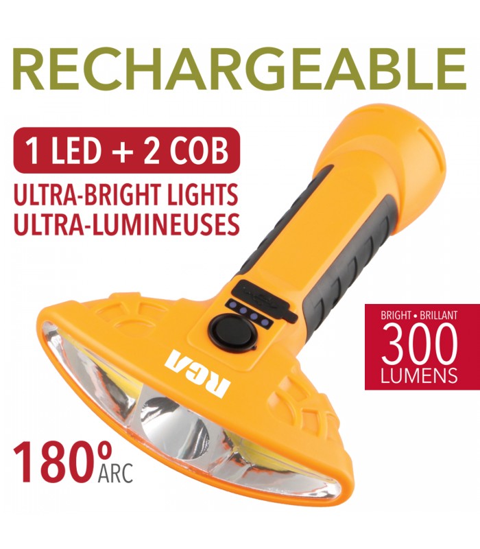 RCA Wide beam three heads rechargeable flashlight with magnetic base, 300LM