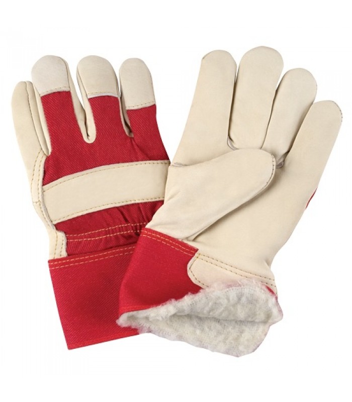 Gants d'ajusteur rouge & blanc doublés pour l'hiver de première qualité, Grand, Paume en Cuir fleur de vache, Doublure en Boa