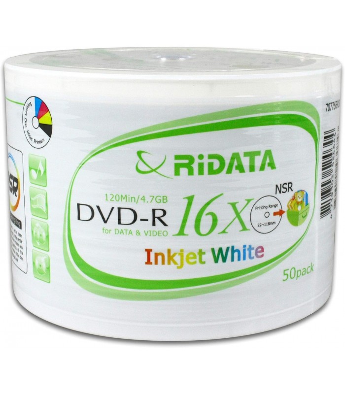 Ridata DVD-R 16X White Inkjet Hub 50pcs Package Printable Blank DVD