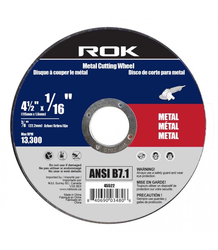 ROK Meule à tronçonner pour métal 4-1/2 x 1/16 po - Plate