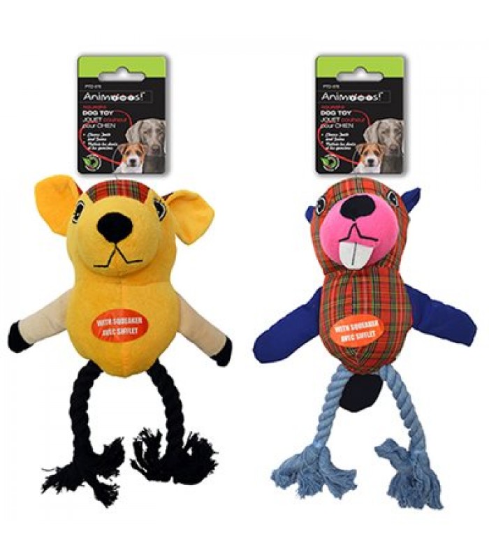 Rope dog toy with plush animal,12.6 in.,  2 assorted colors