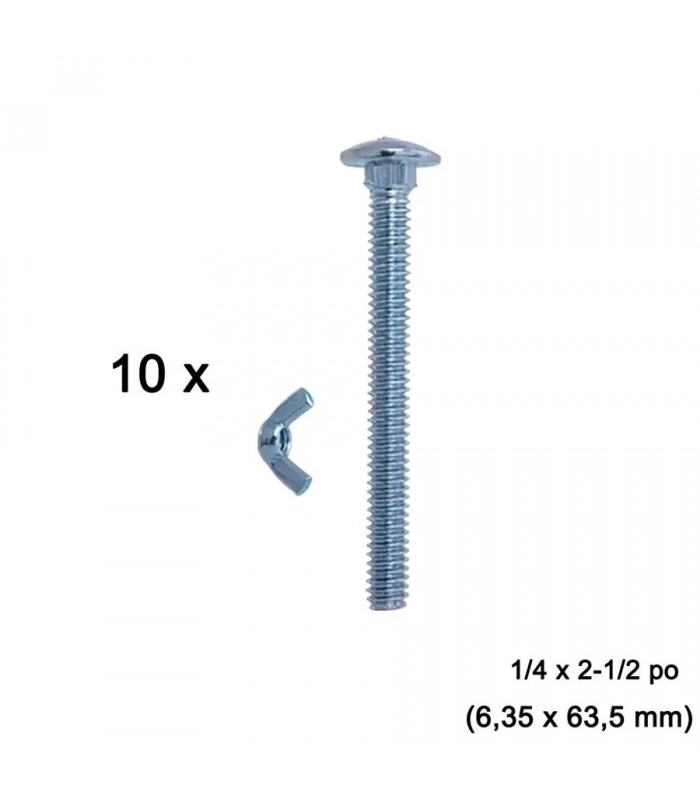 Boulons à tête ronde pour abris d’auto 1/4 x 2-1/2 po (6,35 x 63,5 mm) - Pqt de 10