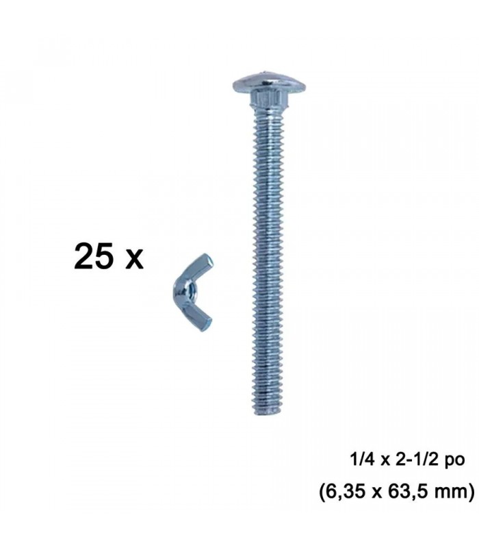 Boulons à tête ronde pour abris d’auto 1/4 x 2-1/2 po (6,35 x 63,5 mm) - Pqt de 25