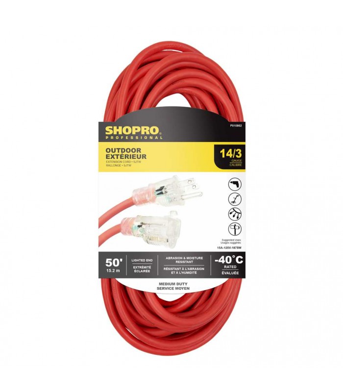 Shopro 14/3 SJTW Rallonge extérieure rouge avec extrémité lumineuse - 15 m (50 pi)