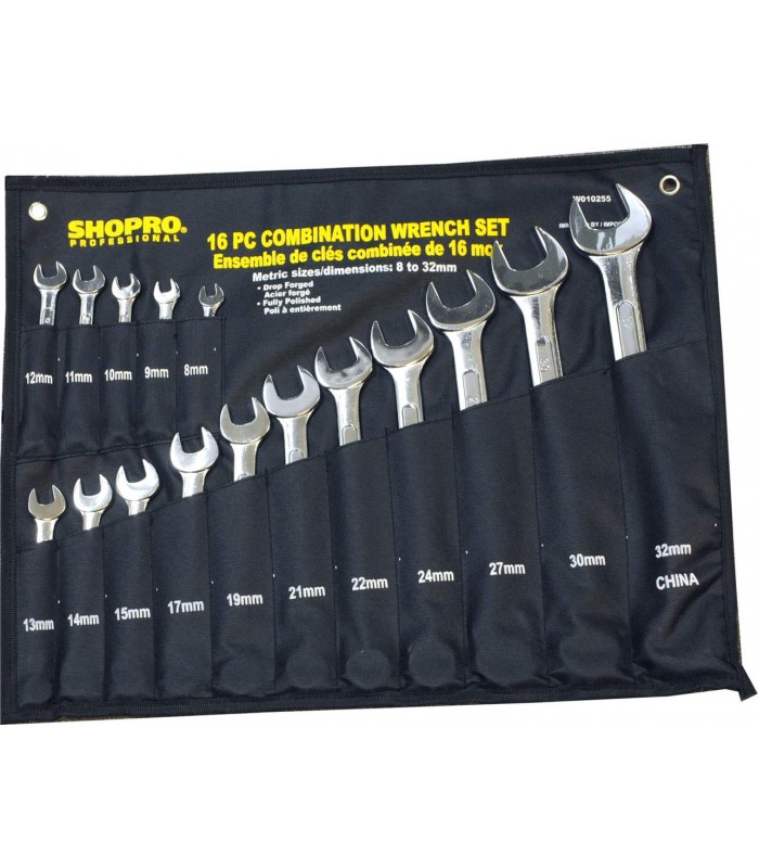 SHOPRO Combination Wrench Set - Metric - 16 pieces