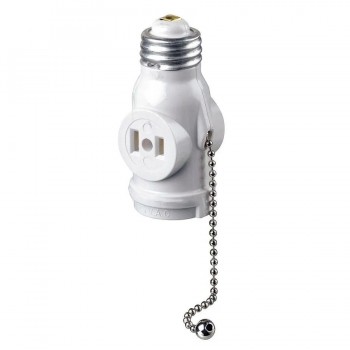 Socket Adapter with 2 NEMA-15R Outlets and Pull Chain - 125 V/660 W - 125 V/15 A - White