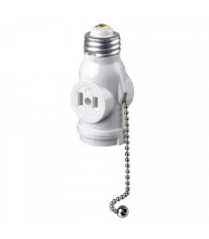 Socket Adapter with 2 NEMA-15R Outlets and Pull Chain - 125 V/660 W - 125 V/15 A - White