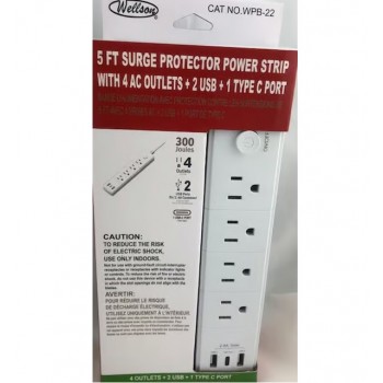 Wellson Multiprise avec protection contre les surtensions avec 4 prises secteur + 2 ports USB + 1 port USB Type-C - cordon de 5 pi