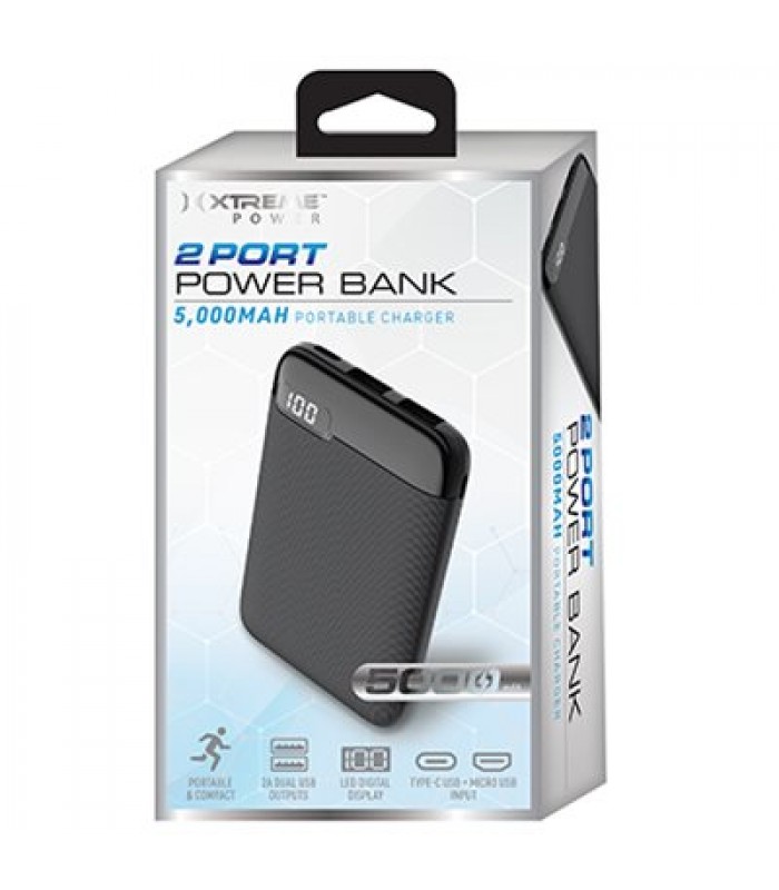 Xtreme 5,000mAh Power Bank with LED Screen and 2 Ports for Charging Two Devices - Type-C and Micro USB