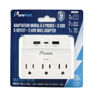PureVolt Adaptateur mural à 3 prises et 3 ports USB A/C - 490 J - 125 V - 15 A - Blanc