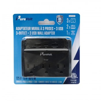 PureVolt Adaptateur mural à 3 prises et 3 ports USB A/C - 490 J - 125 V - 15 A - Noir