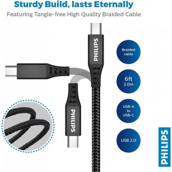 PHILIPS DLC5206A/00 - Câble USB A vers USB-C - 200 cm - Câble de Charge tressé - Noir