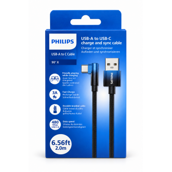 Philips Câble USB-A vers USB-C tressé noir 2 m, charge rapide 3 A, connecteur coudé à 90°
